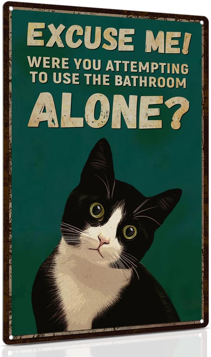 ALKB Funny Tuxedo Cat Metal Signs Black Cat Metal Poster Tuxedo Cat Lover Gift Vintage Bathroom Wall Decor 8 x 12 Inch - Image 1